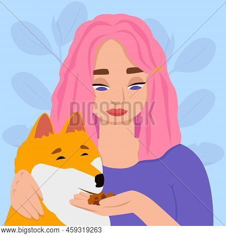 Woman Takes Care Of A Dog. House Sitter Visiting A Pet. Girl Feeding A Cute Dog.