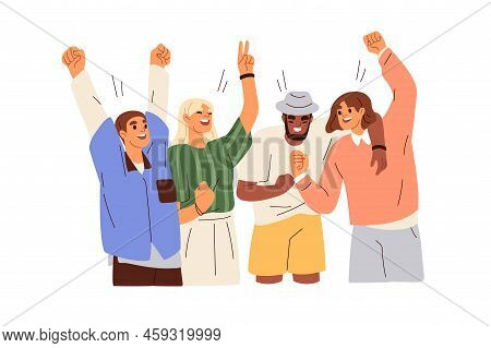 Happy Team, Young People Celebrate Business Victory, Work Success With Joy, Fun. Colleagues Winners 