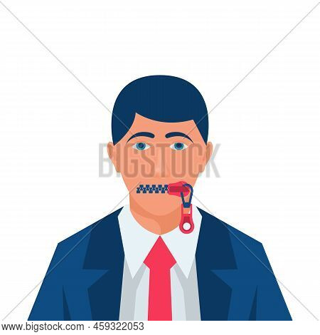 Mouth With Zipper. A Man With An Mouth Closed. Remain Silent. No Comment. Lips On Lock. Vector Illus