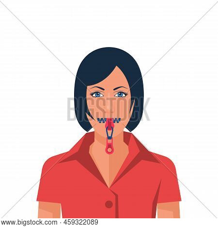 Mouth With Zipper. Woman With An Mouth Closed. Remain Silent. No Comment. Lips On Lock. Vector Illus