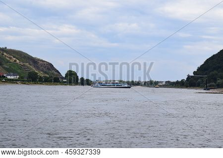 Namedy, Germany - 08 01 2022: Rhine With A Turning Around Passenger Ship