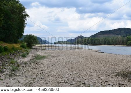 Wide Dry Rhine Shore In A Drought Summer