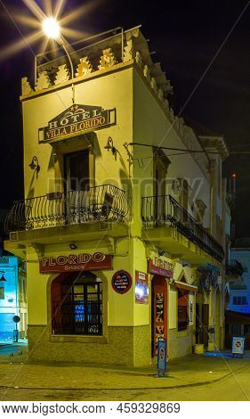 Al Hoceima, Morocco - 15 January 2022 : Villa Florido Hostel And Snack In Al Hoceima City By Night