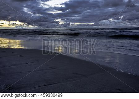 Sunset Over Baltic Sea In Lubiatowo With Oil Platform In Background, Pomerania, Poland
