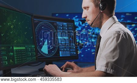 Workplace Of The Professional Air Traffic Controller In The Control Tower. Caucasian Aircraft Contro