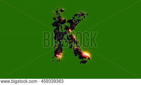 Dark Stones With Red Glowing Letter K - Cosmic Magmatic Rocks Font, Isolated - Object 3d Rendering