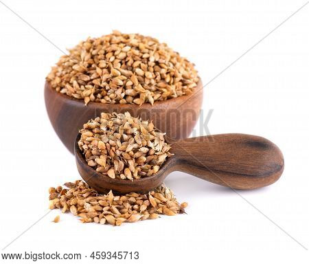 Utsho Suneli Seeds In Wooden Bowl And Spoon, Isolated On White Background. Trigonella Caerulea Or Bl