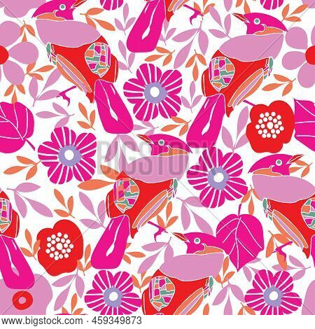 Seamless Abstract Vector Hummingbird And Floral Pattern Background.