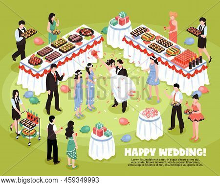 Isometric Banquet Wedding Background Composition With Editable Text Description And Characters Of Pa