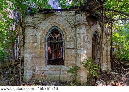Inside Old Ruined Abandoned Historical Mansion In Gothic Style.