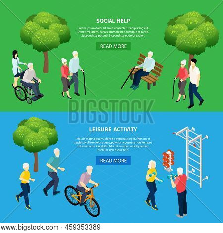 Isometric Horizontal Banners Social Help For Elderly Persons And Leisure Activity Of Pensioners Isol