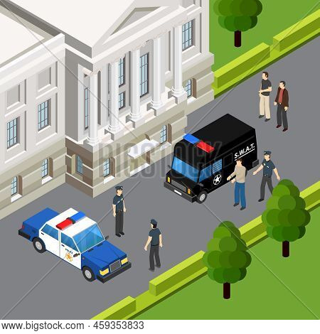 Law Justice System Isometric Composition With Crime Suspect Arrest By Police Officers Scene Summer O