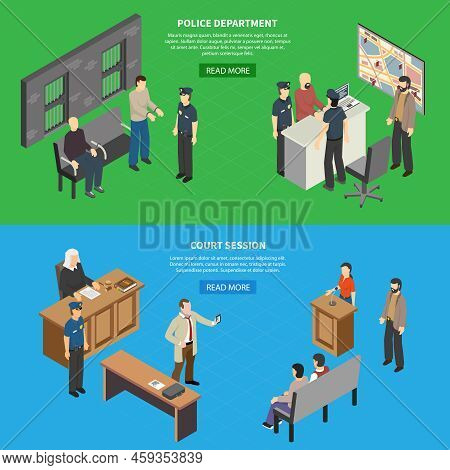 Judicial System 2 Horizontal Isometric Website Banners With Court Session Proceedings And Police Dep