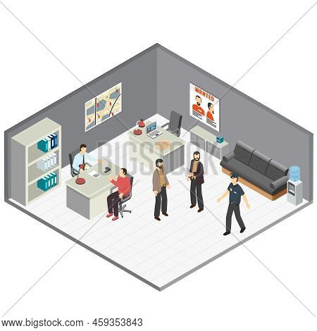 Law Justice Detectives Office Isometric Composition With Crime Case Investigators  Interview Witness