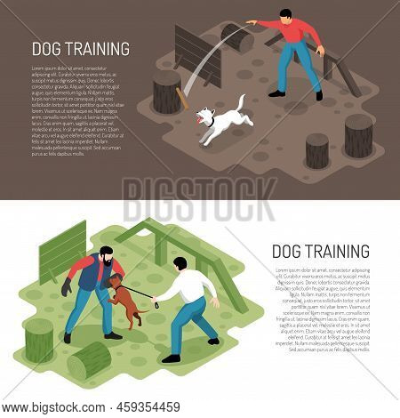 Cynologist Dog Training 2 Isometric Horizontal Banners With Park Playground Specific Tasks Learning 