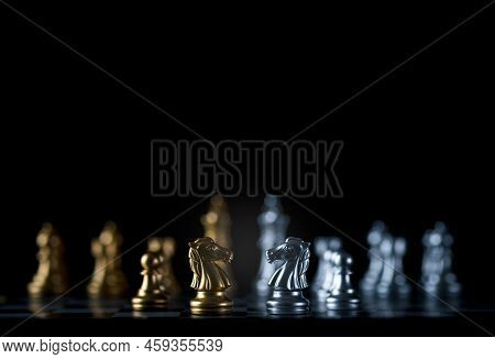 Chess Pieces Arranged On The Chessboard, Business Competition Planing Teamwork Strategic Concept.
