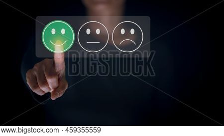 Customer Satisfaction Concept. Woman Pointing To Icon Show Her Rating With A Smiley Face Symbol For 