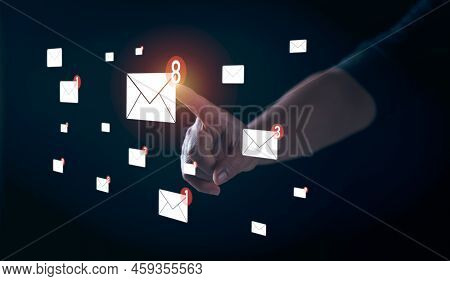 Woman's Hand Pointing To Icon, Email Marketing Concept, Artificial Intelligence Technology Symbol Ic