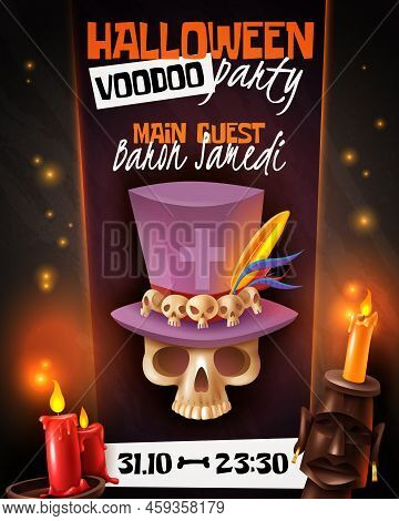 Halloween Voodoo Party Announcement Invitation Poster With Skull In Hat Mask Candles Light Black Bac