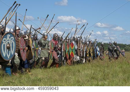 Tver Region, Russia - July 22, 2022: Warriors Of The Early Middle Ages Before The Battle On A Sunny 