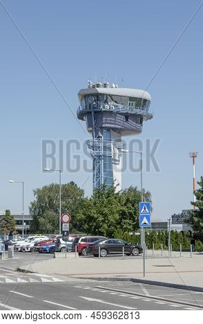 Bratislava, Slovakia - August, 4, 2022 :  Air Traffic Control Tower Of Bratislava Airport In The Sum