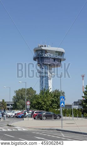 Bratislava, Slovakia - August, 4, 2022 :  Air Traffic Control Tower Of Bratislava Airport In The Sum