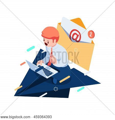 Flat 3d Isometric Businessman Sitting On Paper Planes Using Laptop With Email. Email Marketing And S