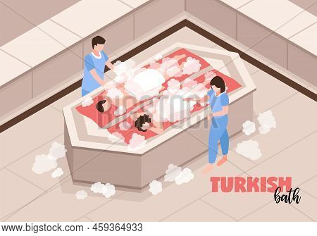 Staff Of Turkish Bath During Service Of Visitors Lying On Marble Bench Isometric Vector Illustration