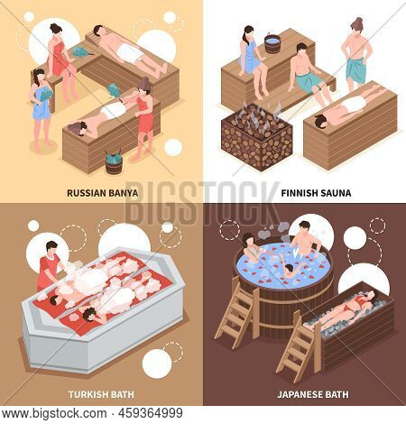 Japanese Russian And Turkish Bath Houses And Finnish Sauna Isometric Design Concept Isolated Vector 