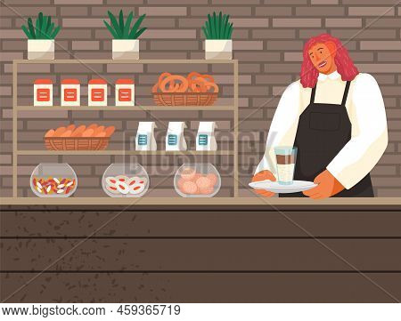 Coffee Shop Design Element With Barista Standing Behind Of Bar Counter, Coffee Making Equipment, Ute