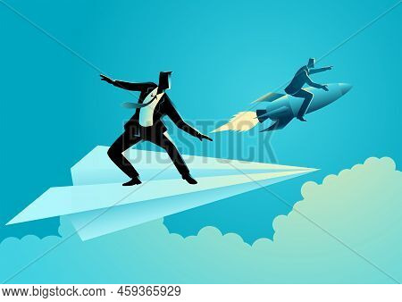 Business Concept Vector Illustration Of Businessman On Paper Plane Compete With A Businessman On A R
