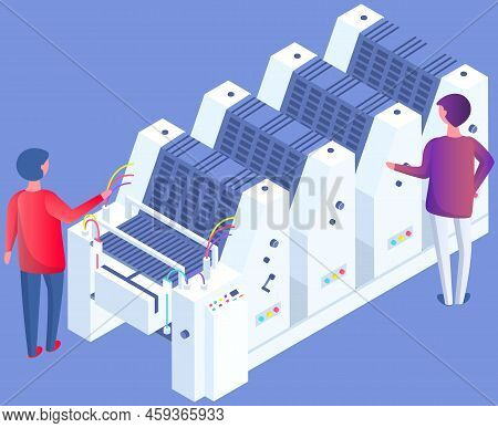 People Working With Printing House Technology. Printer Plotter, Offset Cutting Machines And Workers.