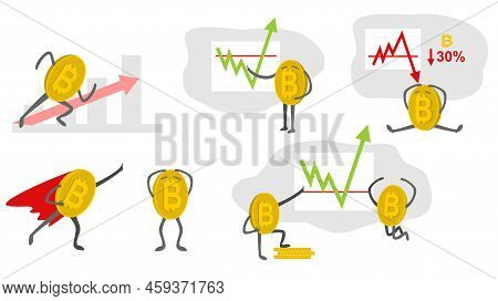 Set Of Bitcoin Characters In The Different Situations. Virtual Money Capitalization Rise. Blockchain