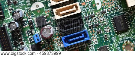 Detail Of Sata Ports On Modern Computer Motherboard. Long. Banner Web Image