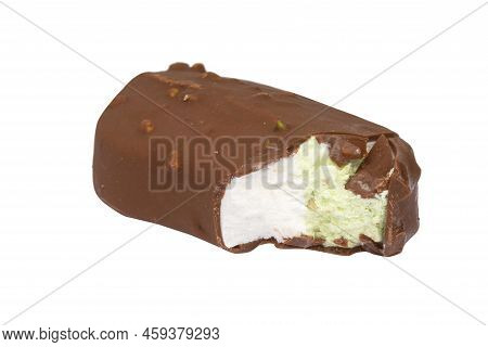 Chocolate Glazed Icecream Escimo With Nuts Isolated On The White Background