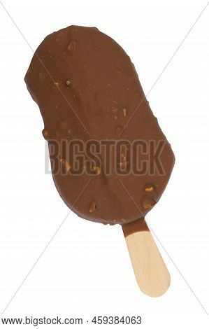 Chocolate Glazed Icecream Escimo With Nuts Isolated On The White Background
