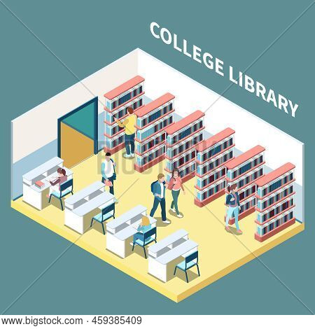 Isometric Composition With Students Studying In College Library 3d Vector Illustration