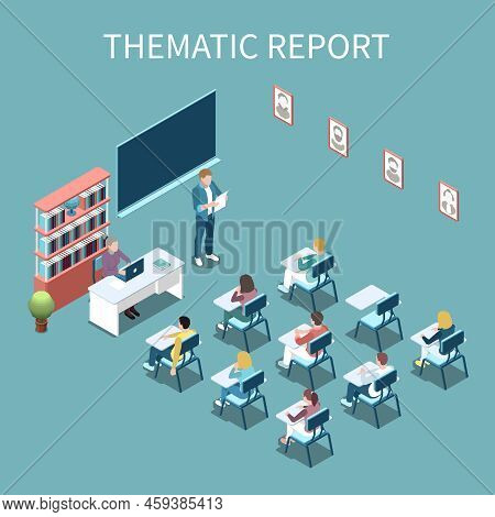 University Student Making Thematic Report In Front Of Class Isometric Composition 3d Vector Illustra