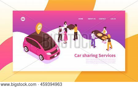 Car Pooling Service Isometric Horizontal Banner On Colorful Background With People Sharing Vehicle 3