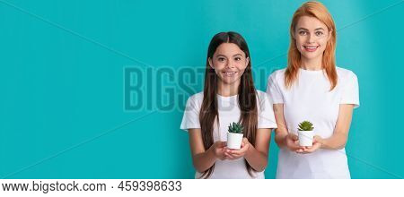 Mother And Daughter Child Banner, Copy Space, Isolated Background. Happy Adoptive Family Of Adopted 