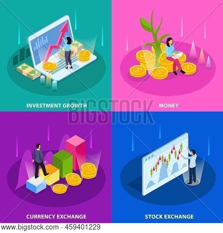 Stock Exchange Isometric Icon Set With Investment Growth Money Currency And Stock Exchange Descripti