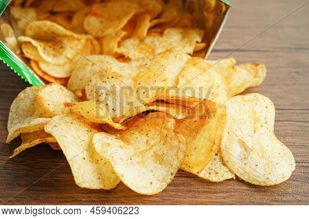 Potato Chips In Open Bag, Delicious Bbq Seasoning Spicy For Crips, Thin Slice Deep Fried Snack Fast 