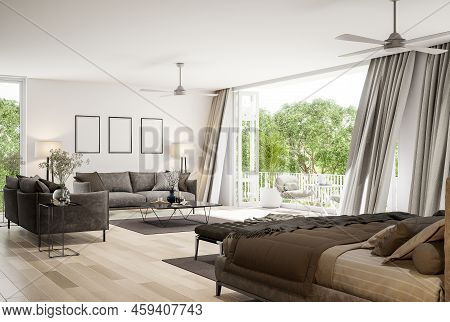 Modern Style Bedroom And Living Room With Outdoor Terrace And Nature View 3d Render ,decorate With B