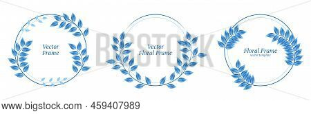 Set Of Round Floral Frames With Leaves And Branches In Blue Colors. Stock Vector Illustration
