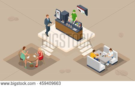 Isometric Coffee Time Concept. Self-service Coffee Machines Offer Consistent Quality Coffee. Vending