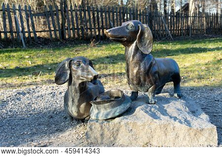 Moscow Region, Russia - November 21, 2019: Monument To The Dachshunds Of The Russian Writer Anton Ch
