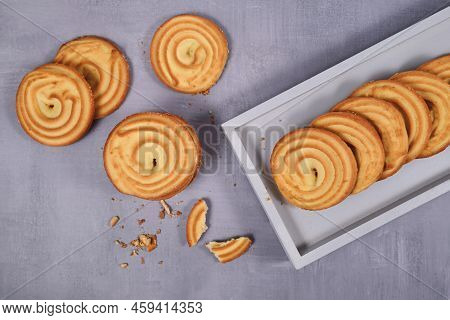 Top View Of Spritz Biscuits, A Type Of German Butter Cookies Made By Extruding Dough With A Press
