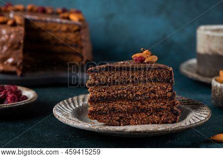 Chocolate Austrian Dessert Sacher With Apricot Jam And Nuts. Traditional Austrian Dessert. Sacher Ca