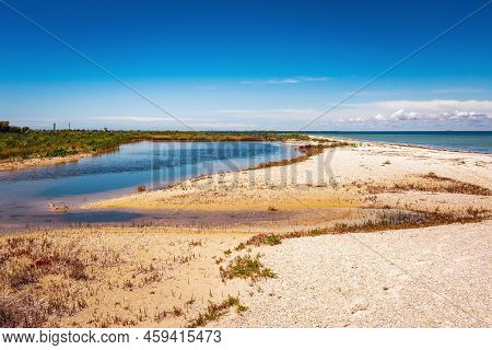 Wild Beautiful Beach On The Dzharylgach Island In The Black Sea.