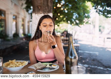 Close-up Woman Having Breakfast Cin Street Cafe Outdoors